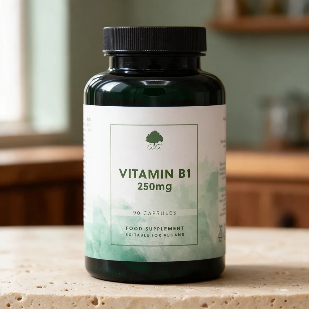 G&G Vitamin B1 250 mg, mørkegrønn boks med 90 kapsler merket «Suitable for vegans»