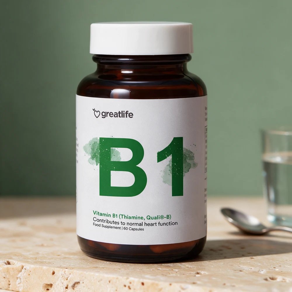 Greatlife Vitamin B1 (Thiamine, Quali-B), brun glasskrukke med 60 kapsler