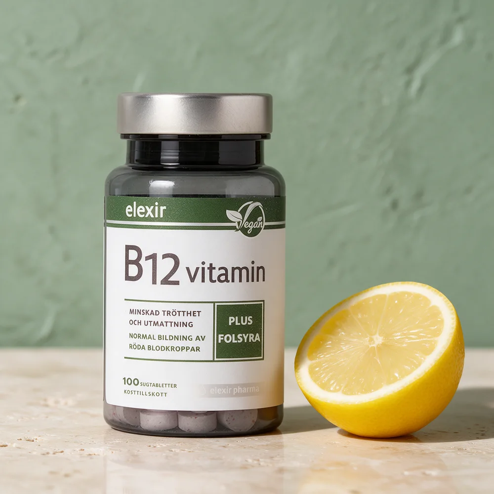 Elexir Pharma B-12 Vegan i mørk flaske med hvit etikett og en halv sitron på et travertinbord