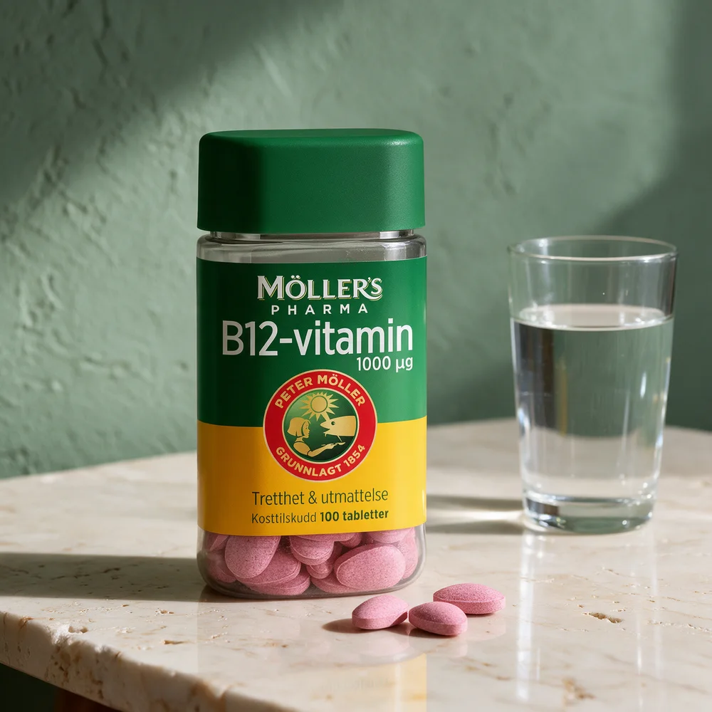 Møllers Pharma B12-vitamin 1000 µg i klar boks med grønt lokk, rosa mandelformede tabletter og et glass vann på et travertinbord