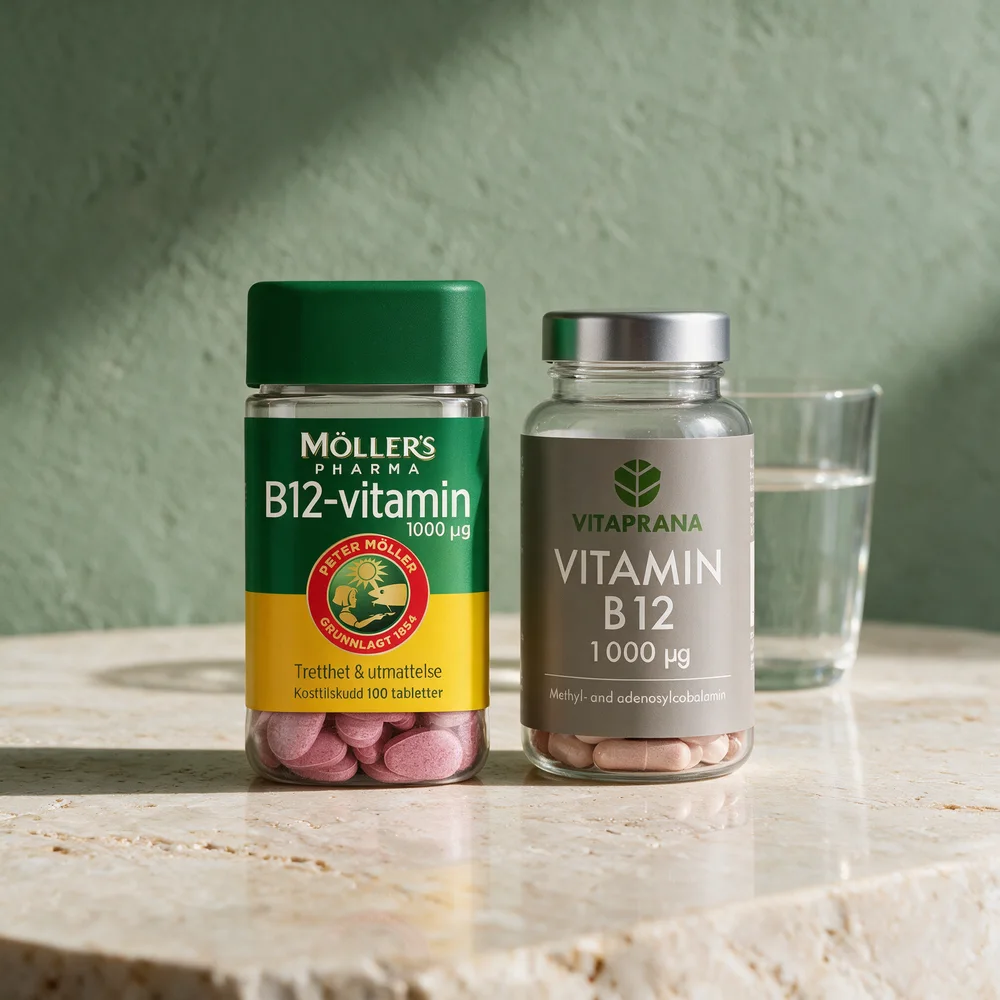 Møllers Pharma B12-vitamin og Vitaprana Vitamin B12 ved siden av hverandre på et travertinbord