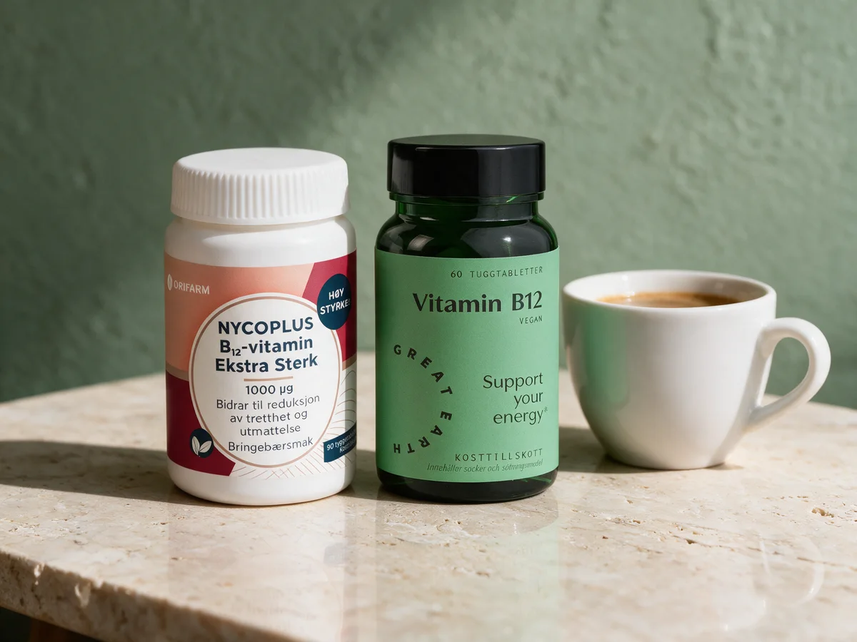 Nycoplus B12-vitamin Ekstra sterk og Great Earth Vitamin B12 ved siden av en kopp kaffe på et travertinbord