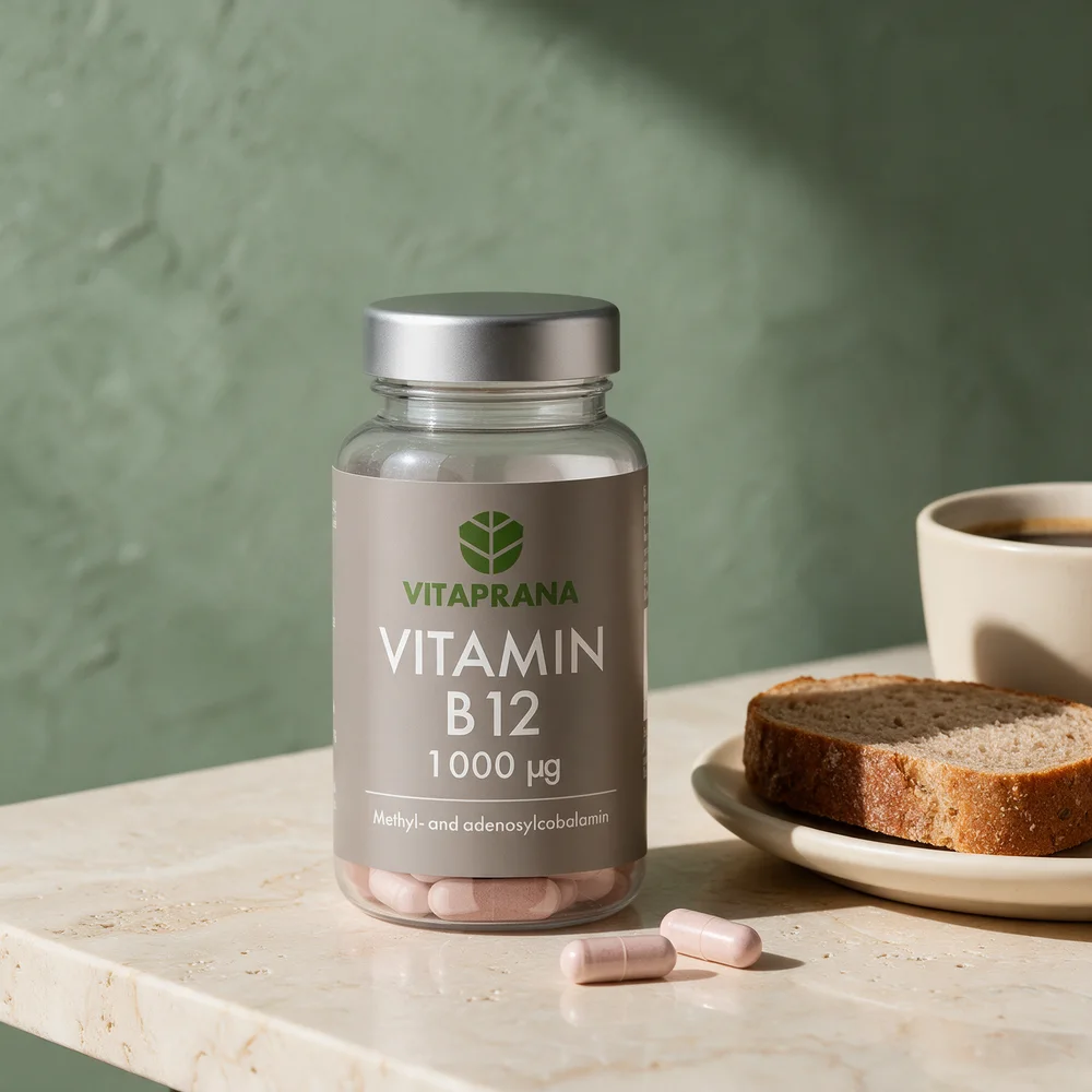 Vitaprana Vitamin B12 i boks med kapsler og en frokosttallerken på et travertinbord