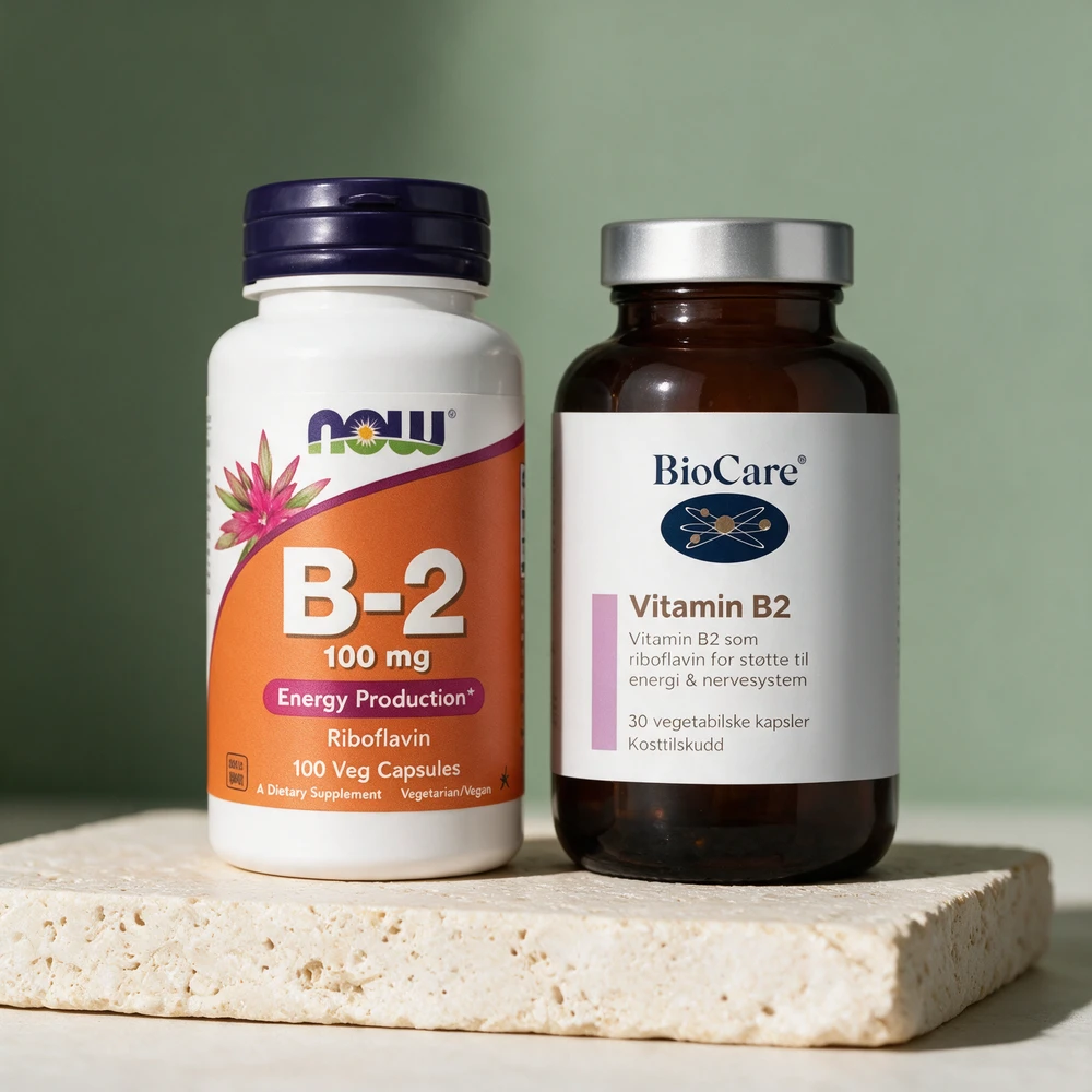 NOW B-2 med 100 mg og BioCare Vitamin B2 med 50 mg riboflavin