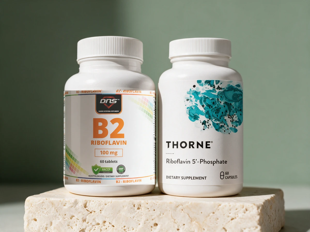 DNS B2 Riboflavin i tablett og Thorne Riboflavin 5'-Phosphate i kapsel