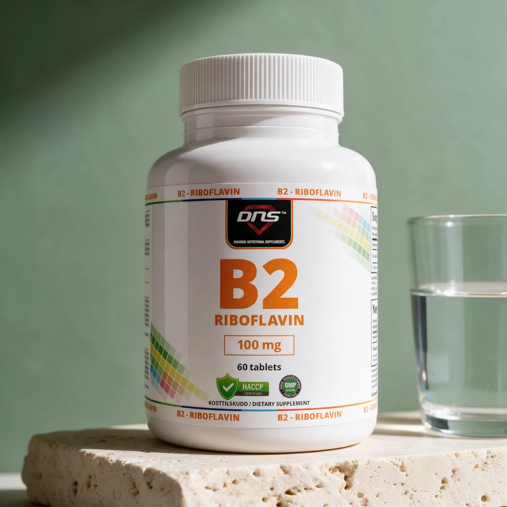 DNS B2 Riboflavin, 100 mg og 60 tabletter på etiketten