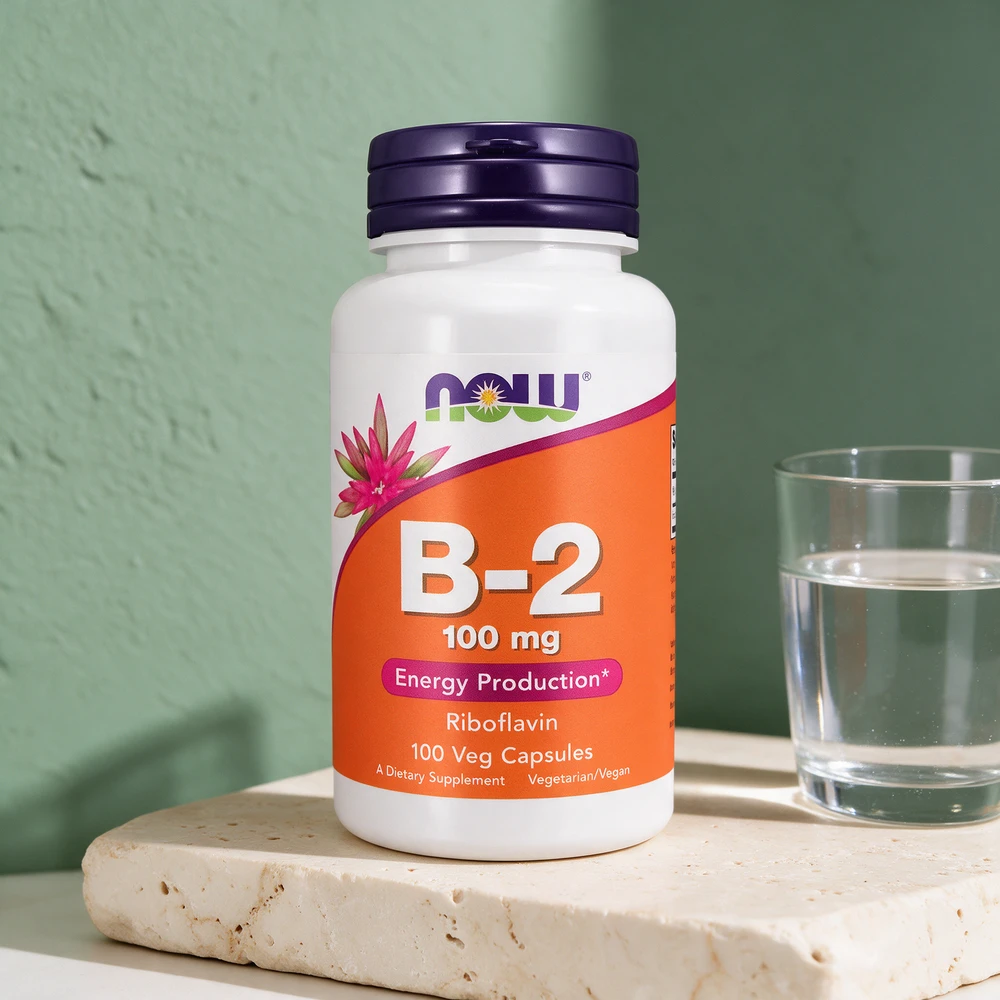 NOW B-2 Riboflavin med 100 mg og 100 kapsler på etiketten