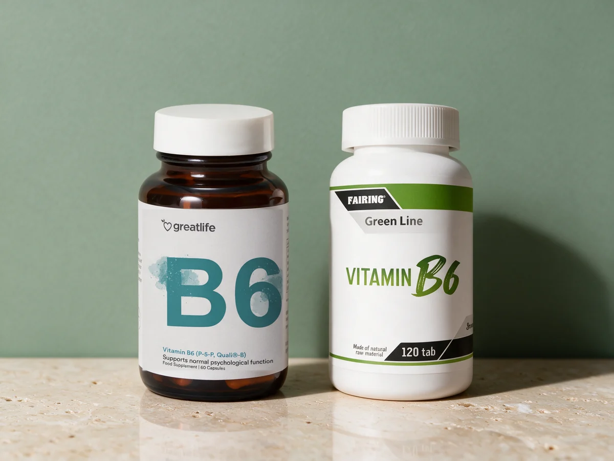 Greatlife Vitamin B6 P-5-P i brun glasskrukke og Fairing Vitamin B6 i hvit boks på et travertinbord