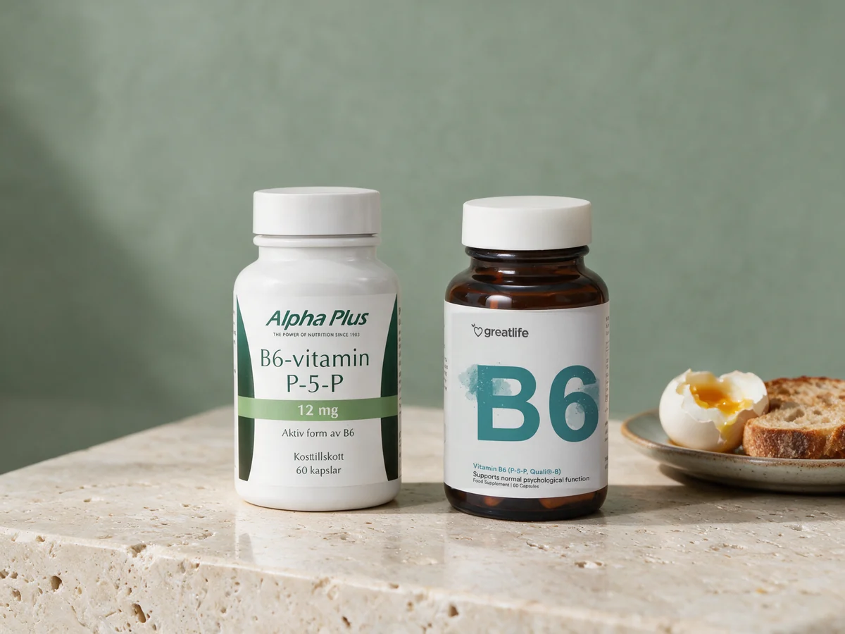 Alpha Plus B6-vitamin P-5-P og Greatlife Vitamin B6 P-5-P, to P-5-P-kapsler uten glidemidler, ved en tallerken med egg og brød