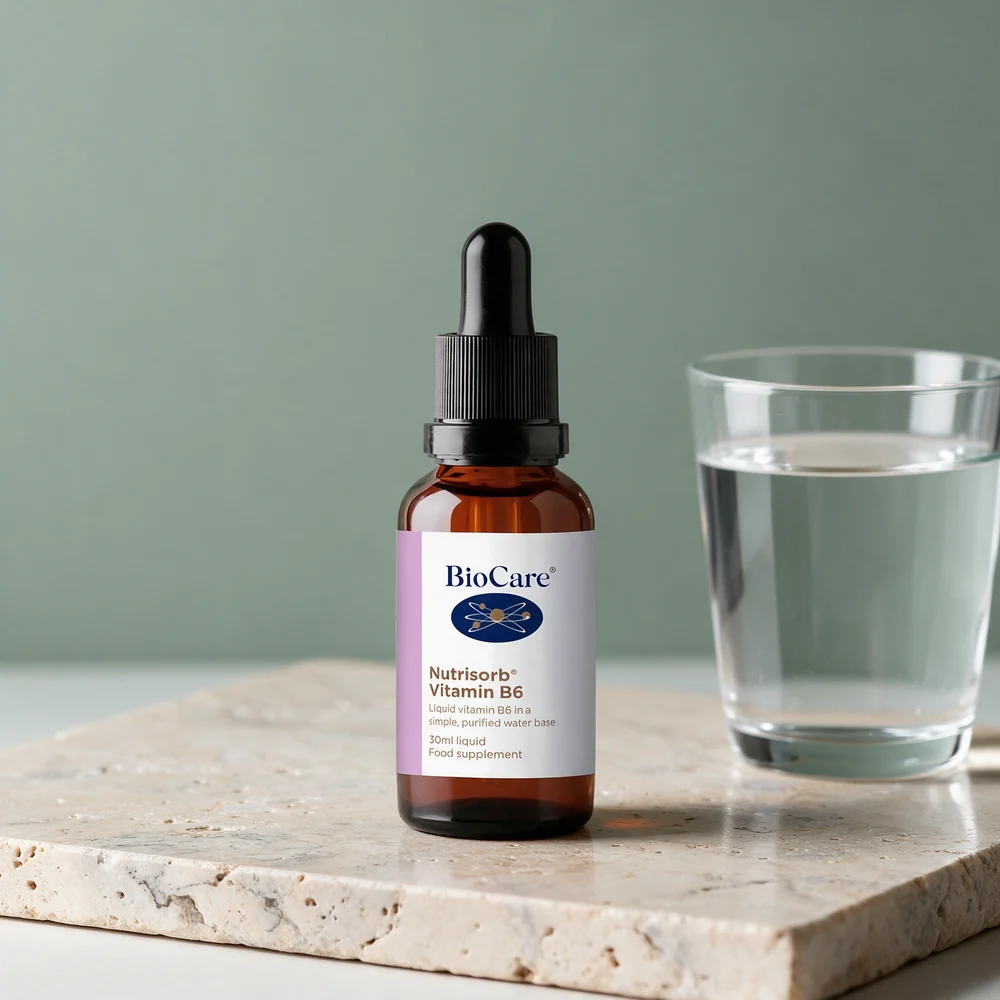 BioCare Nutrisorb Vitamin B6, brun glassflaske med pipette og et vannglass