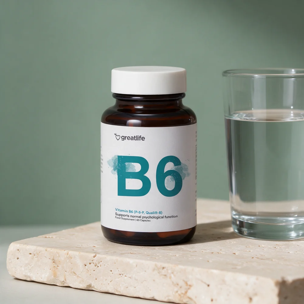 Greatlife Vitamin B6 P-5-P, mørk glasskrukke ved et glass vann