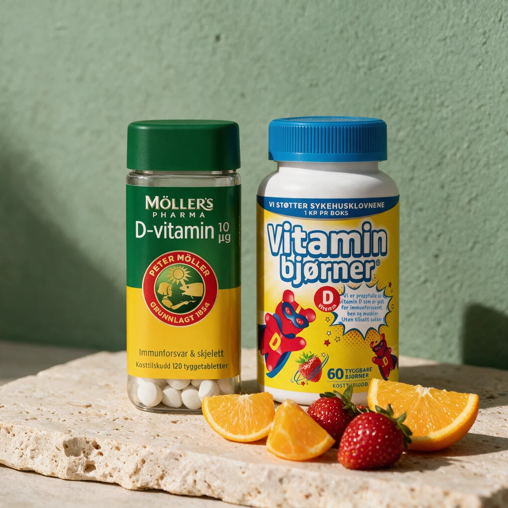 Møllers Pharma D-vitamin tyggetabletter og Vitaminbjørner D-vitamin med tre appelsinbåter og to jordbær foran på et travertinbord