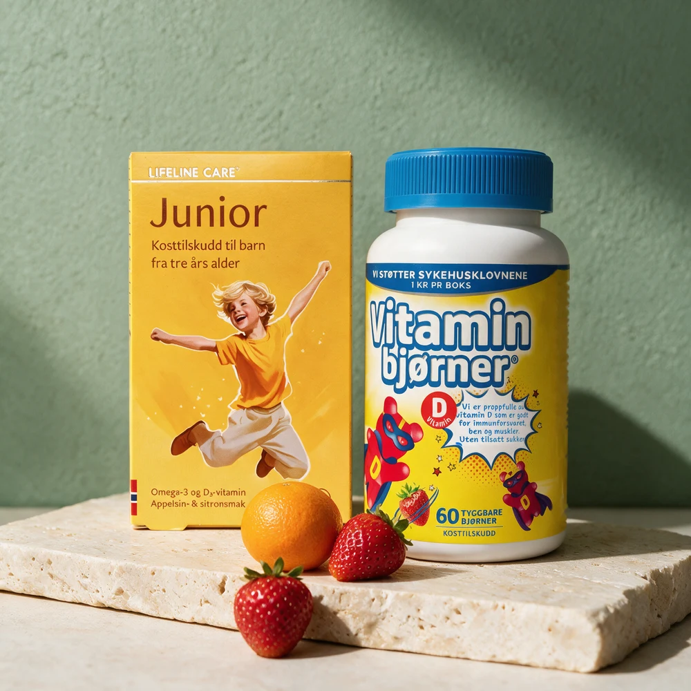 Lifeline Care Junior i gul eske og Vitaminbjørner D-vitamin med en appelsin og to jordbær foran på et travertinbord