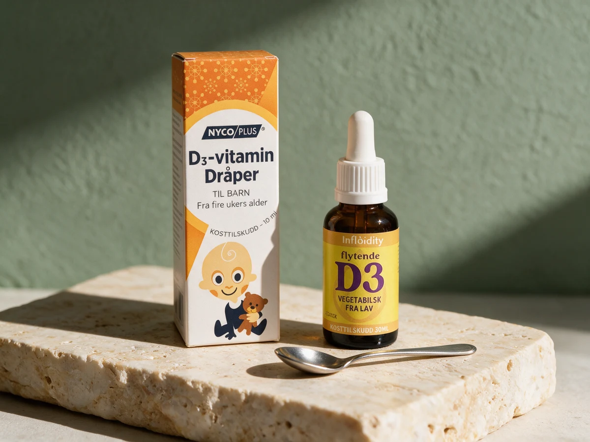 Esken til Nycoplus D3-vitamin dråper og den brune flasken fra Influidity med en teskje foran på et travertinbord