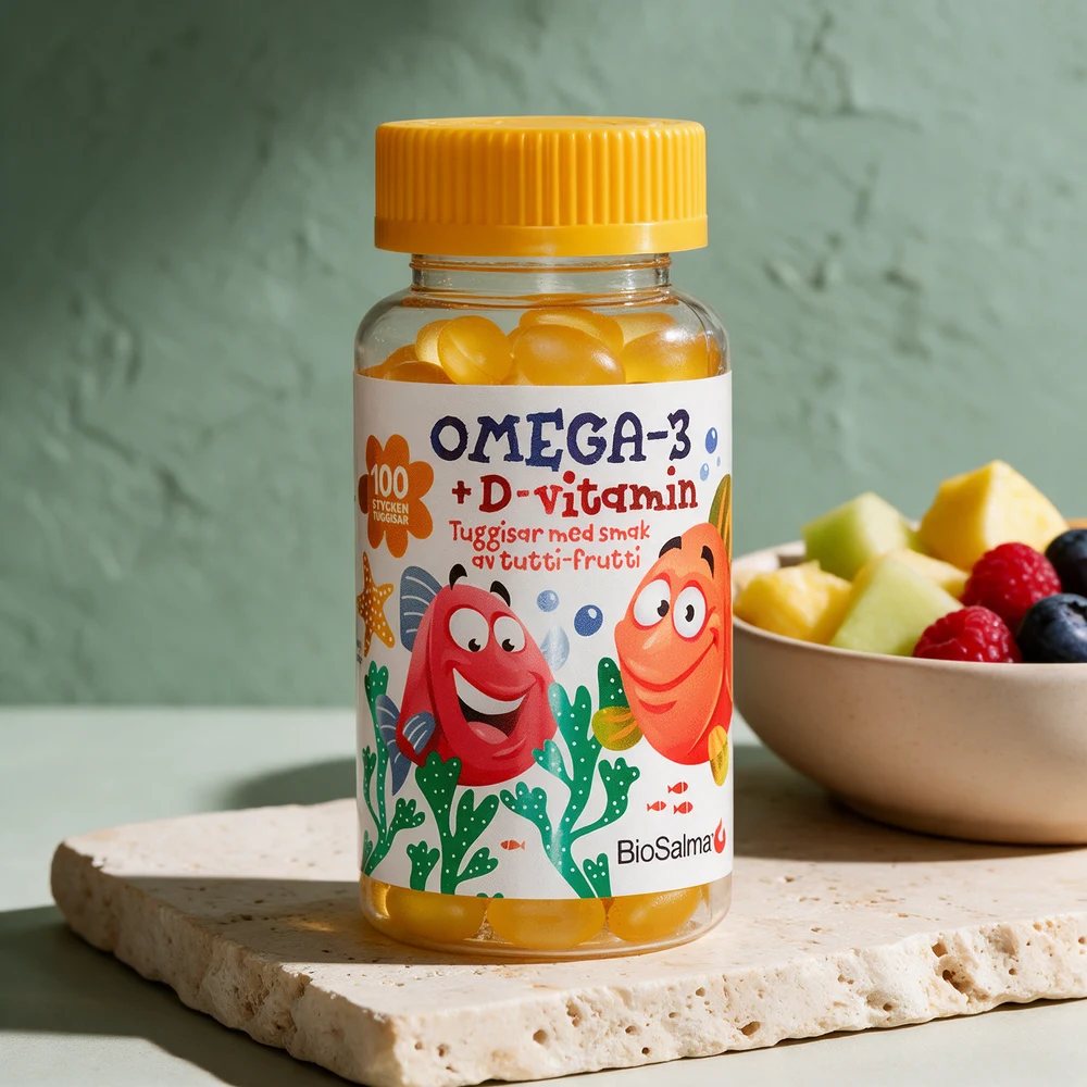 BioSalma Omega-3 + D-vitamin Barn, boks med 100 gule tyggekapsler med tutti-frutti-smak