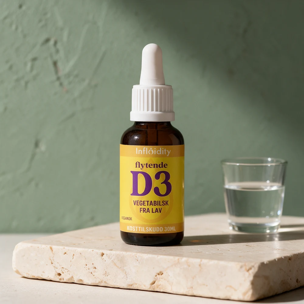 Influidity Flytende D3, vegansk D3 fra lav i brun glassflaske med pipette