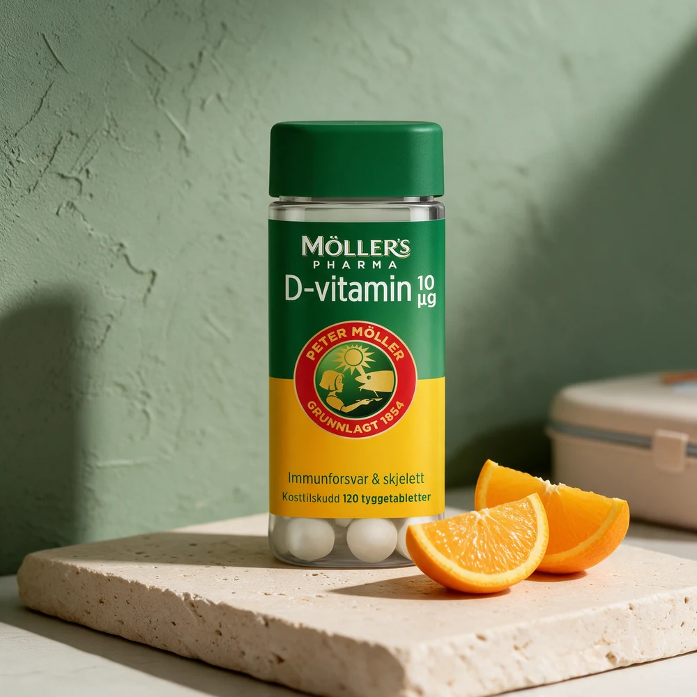 Møllers Pharma D-vitamin 10 µg, boks med 120 tyggetabletter og appelsinbåter