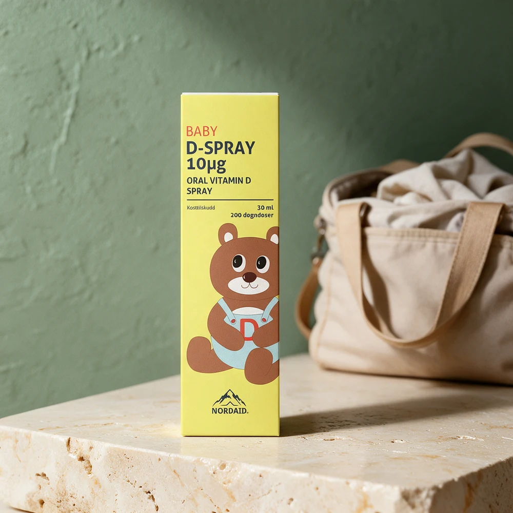 Nordaid D-spray Baby, gul eske med munnspray, 10 µg D3 og 200 døgndoser