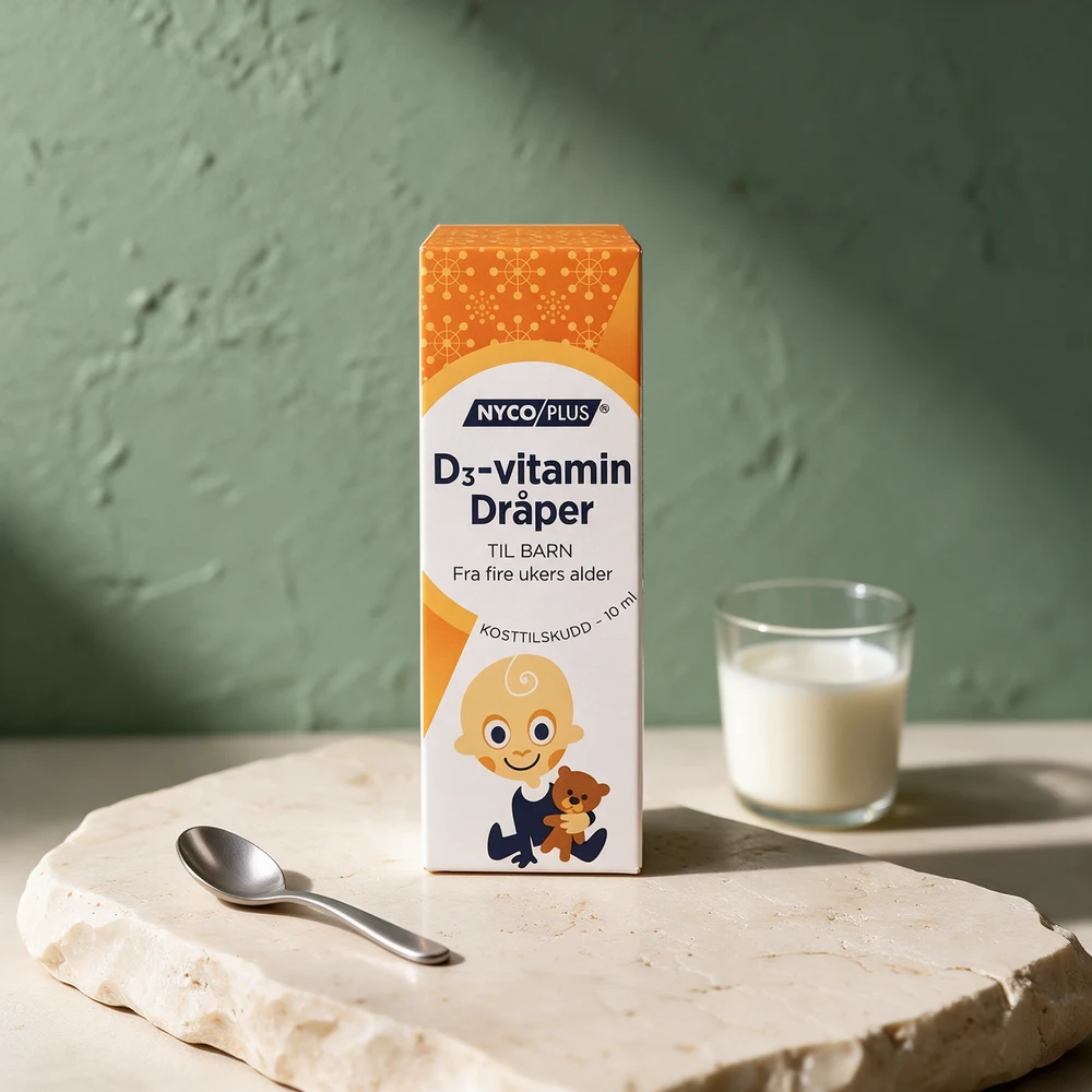 Nycoplus D3-vitamin dråper til barn ved en teskje og et glass melk