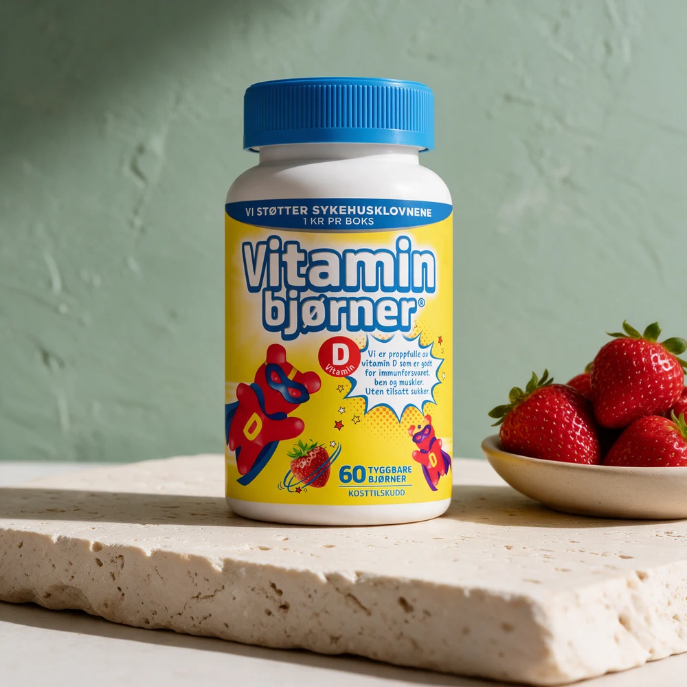 Vitaminbjørner D-vitamin, boks med 60 tyggbare bjørner med jordbærsmak ved en skål jordbær