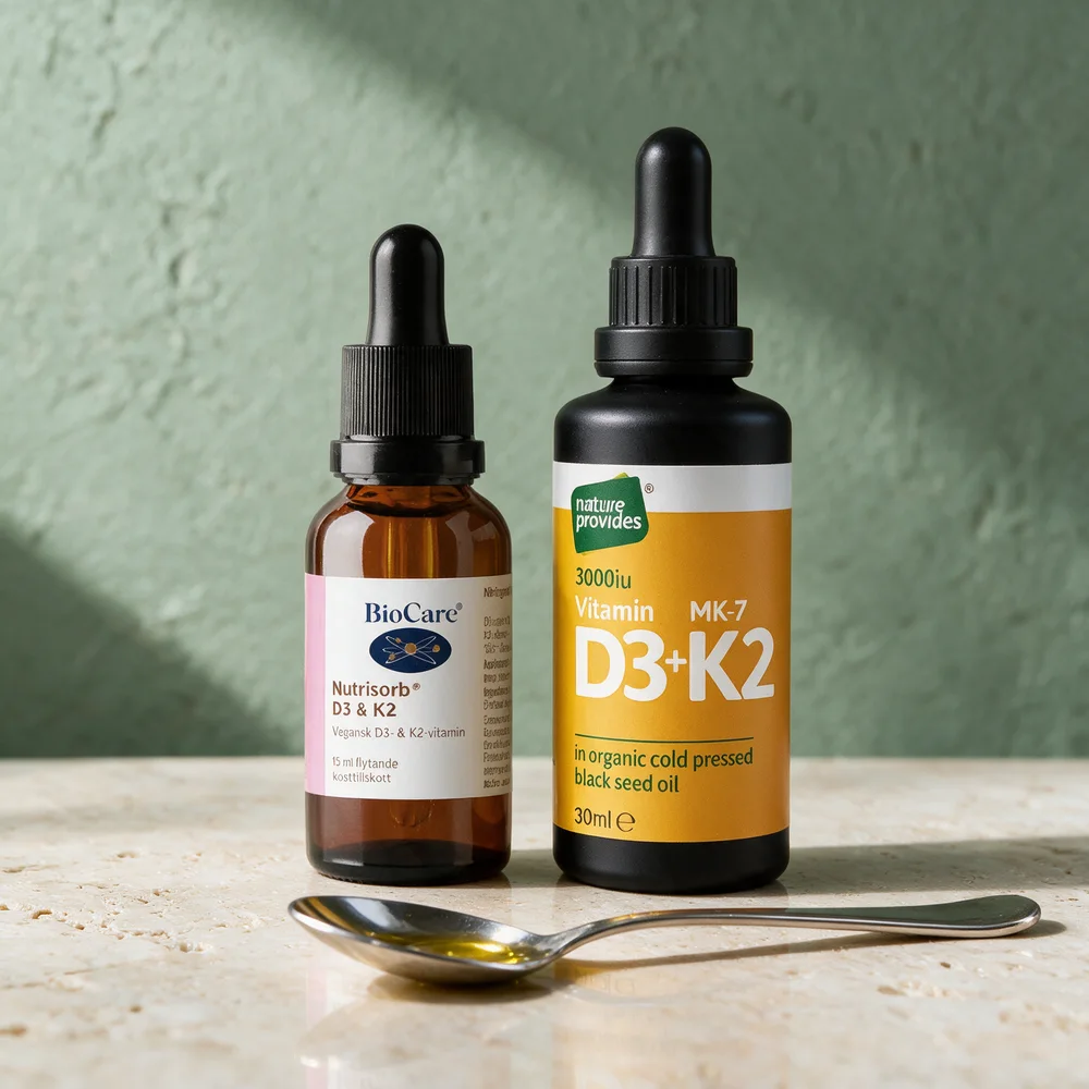 BioCare Nutrisorb D3 & K2 på 15 ml og Nature Provides Flytende D3 og K2 på 30 ml, to dråpeflasker med olje på en skje
