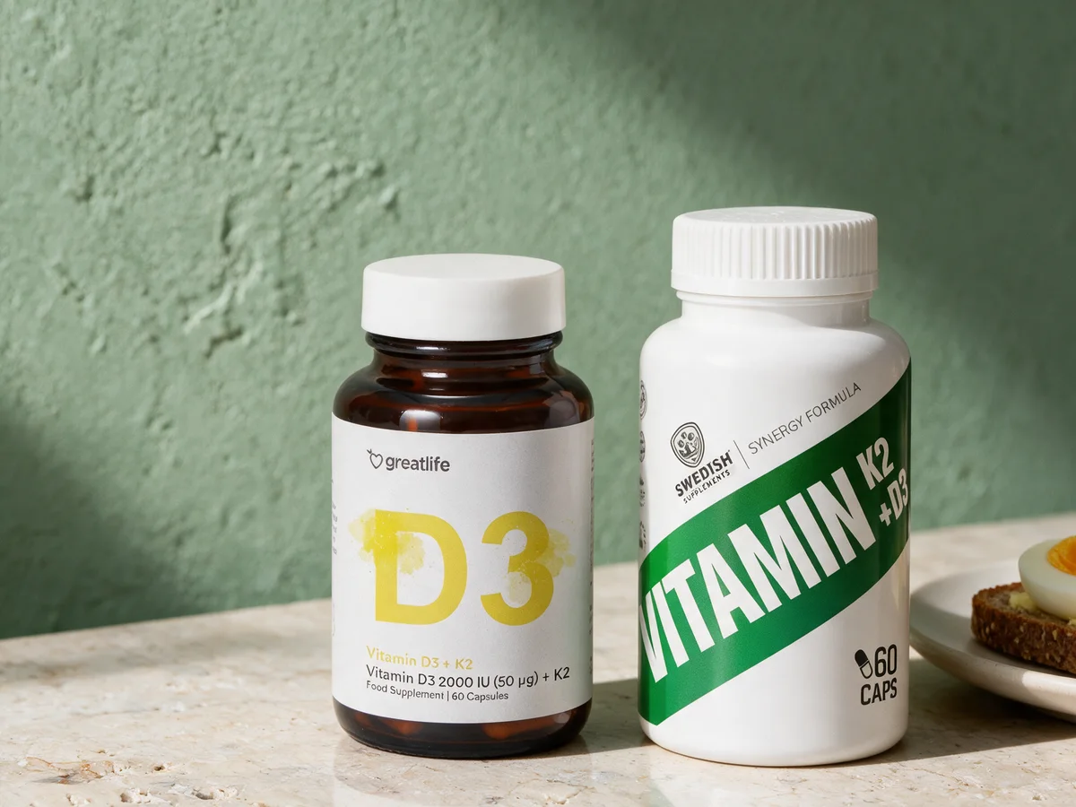 Greatlife Vitamin D3 + K2 og Swedish Supplements Vitamin K2 + D3, to bokser med pulverkapsler