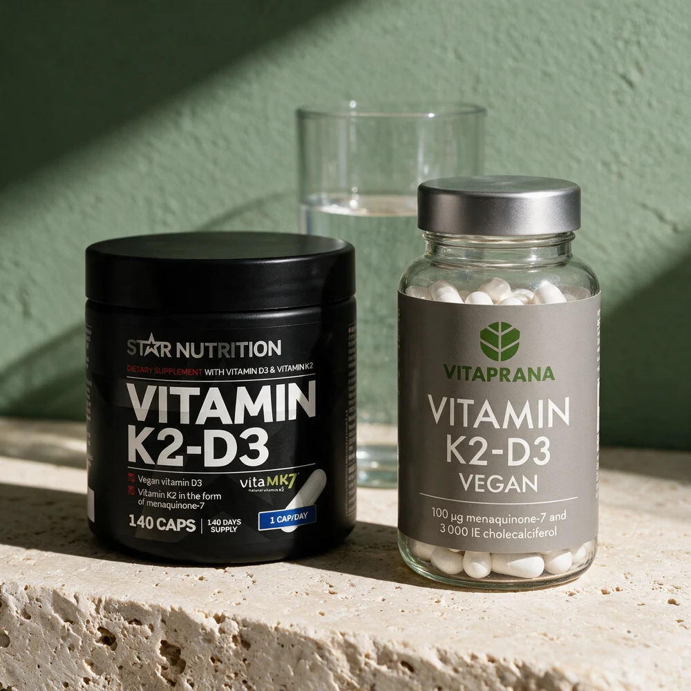 Star Nutrition Vitamin K2-D3 med 140 kapsler og Vitaprana Vitamin K2 + D3 Vegansk med 110 kapsler, to bokser i ulik størrelse