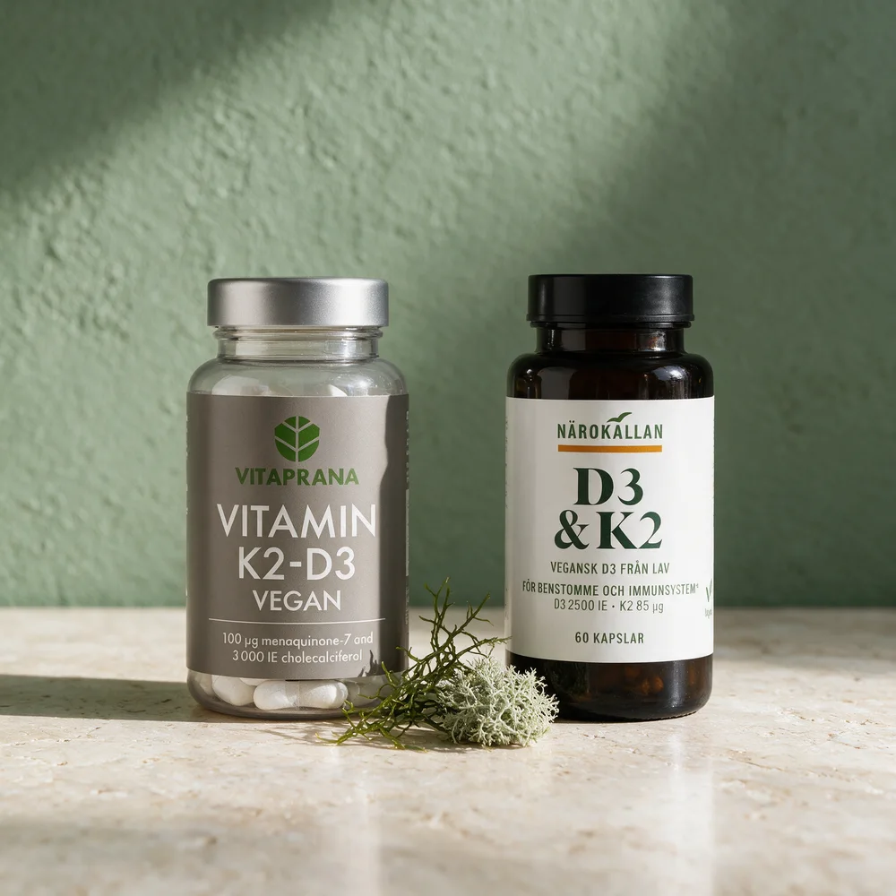 Vitaprana Vitamin K2 + D3 Vegansk med 3 000 IE og Närokällan D3 & K2 med 2 500 IE, begge i plantekapsel