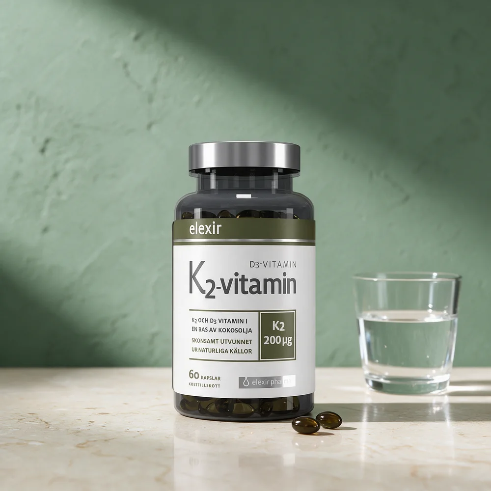Elexir Pharma Vitamin K2 + D3 med 60 kapsler og to myke, mørke oljekapsler foran boksen