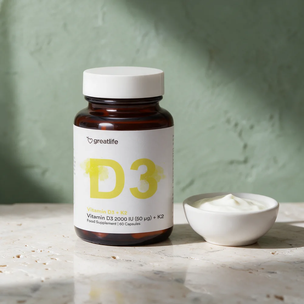 Greatlife Vitamin D3 2000 IU + K2 i mørk glassboks med 60 kapsler