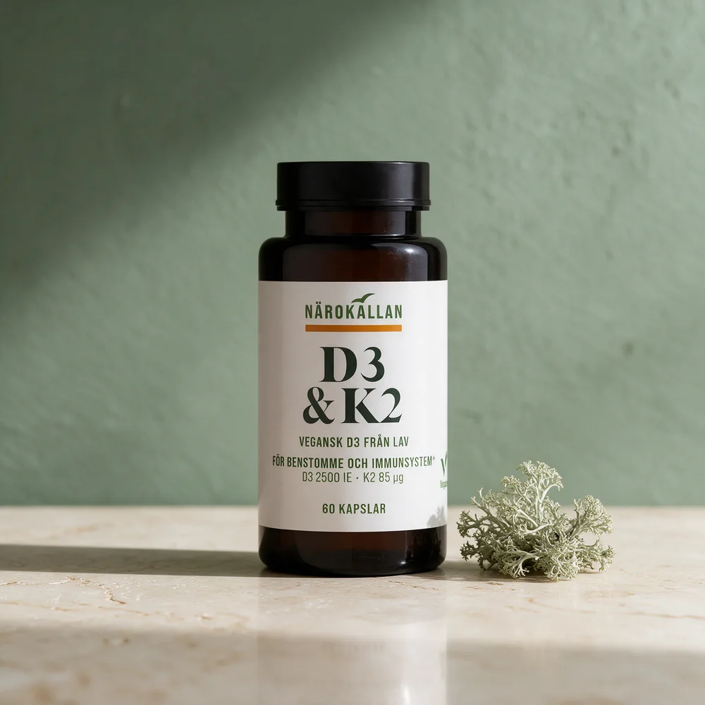 Närokällan D3 & K2 med 60 kapsler, merket vegansk D3 fra lav
