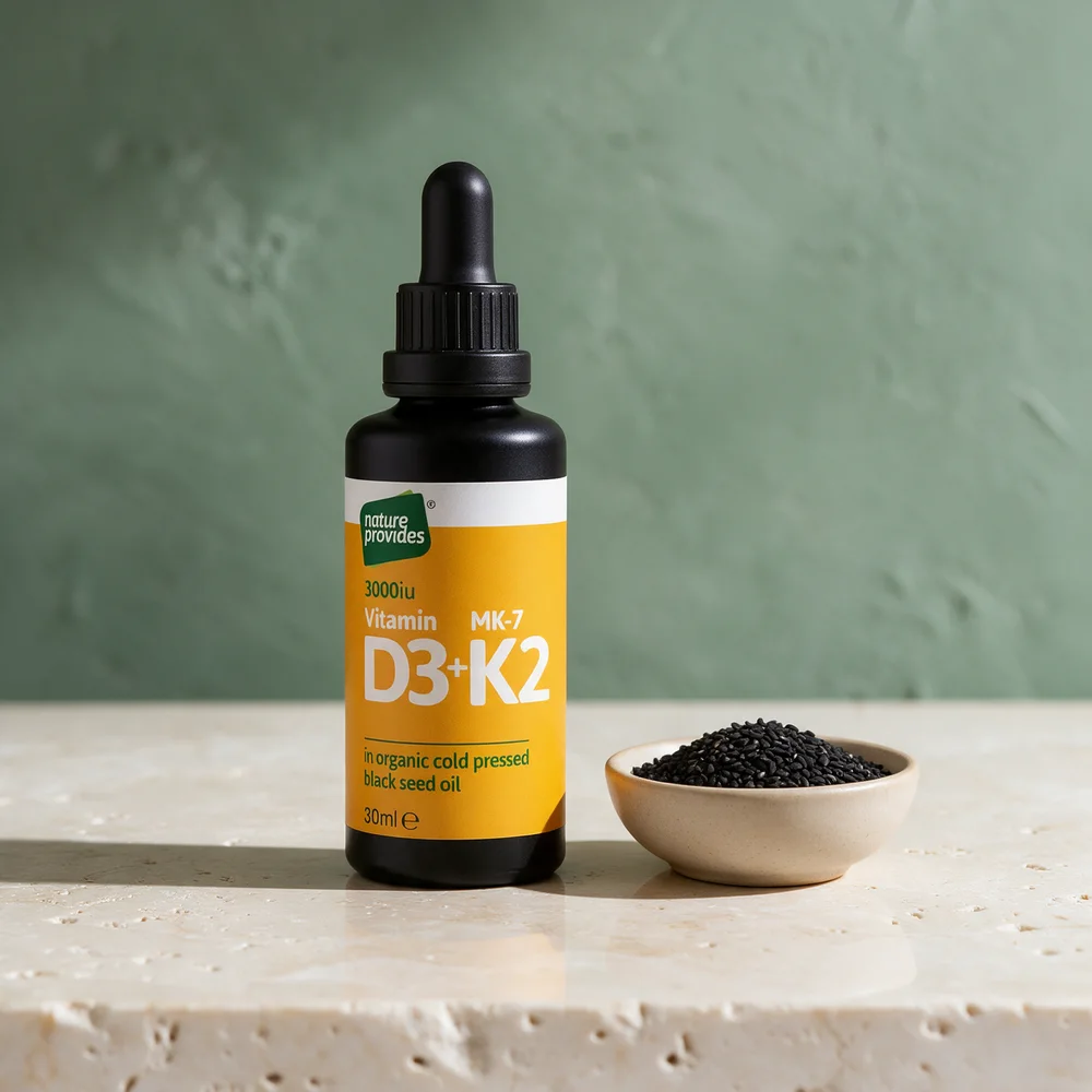 Nature Provides Flytende D3 og K2 på 30 ml i dråpeflaske, løst i svartkarveolje