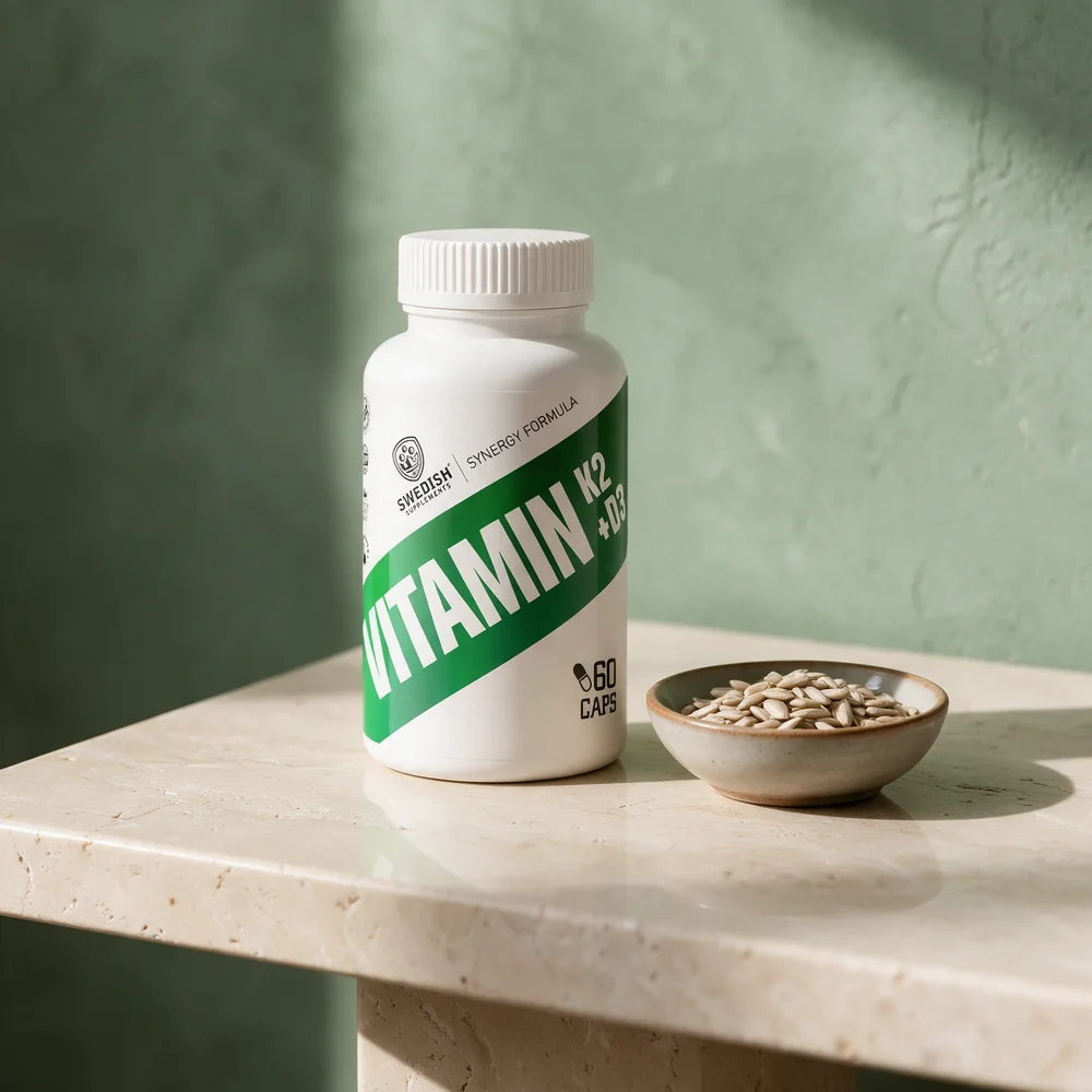 Swedish Supplements Vitamin K2 + D3 i boks med 60 kapsler