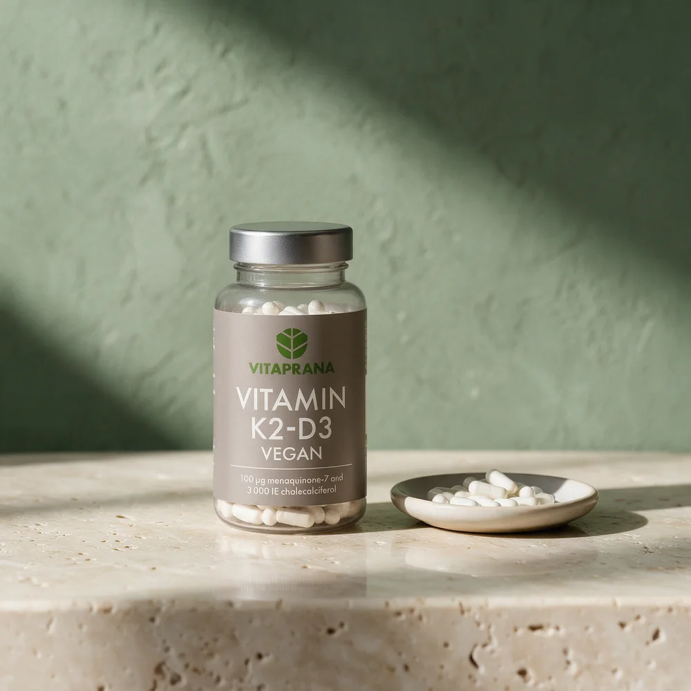 Vitaprana Vitamin K2 + D3 Vegansk med 110 kapsler og noen av kapslene utenfor boksen