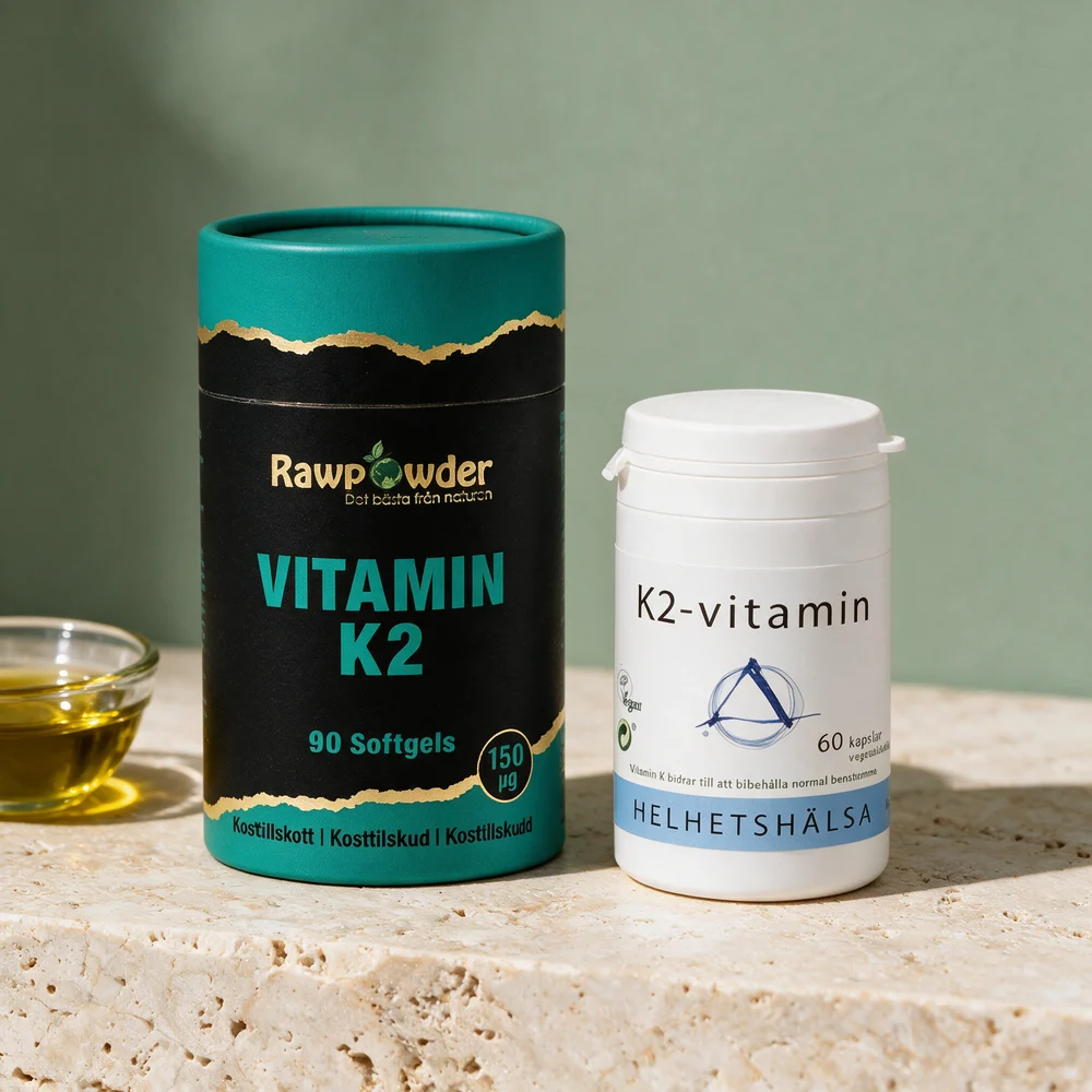 Rawpowder Vitamin K2 og Helhetshälsa K2-vitamin side om side, oljekapsel og tørr plantekapsel