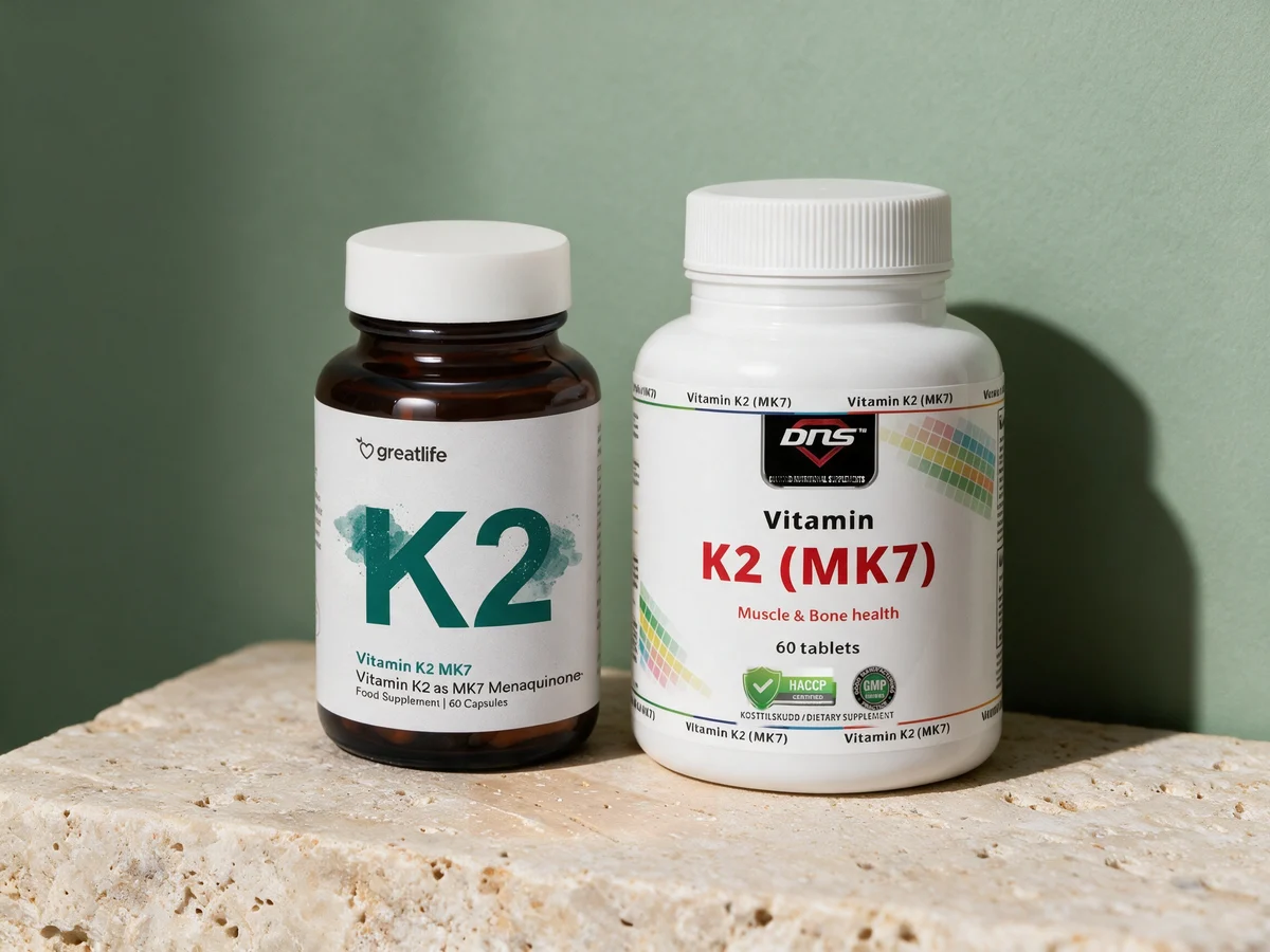 Greatlife Vitamin K2 MK7 i brun glasskrukke og DNS Vitamin K2 (MK7) i hvit boks side om side