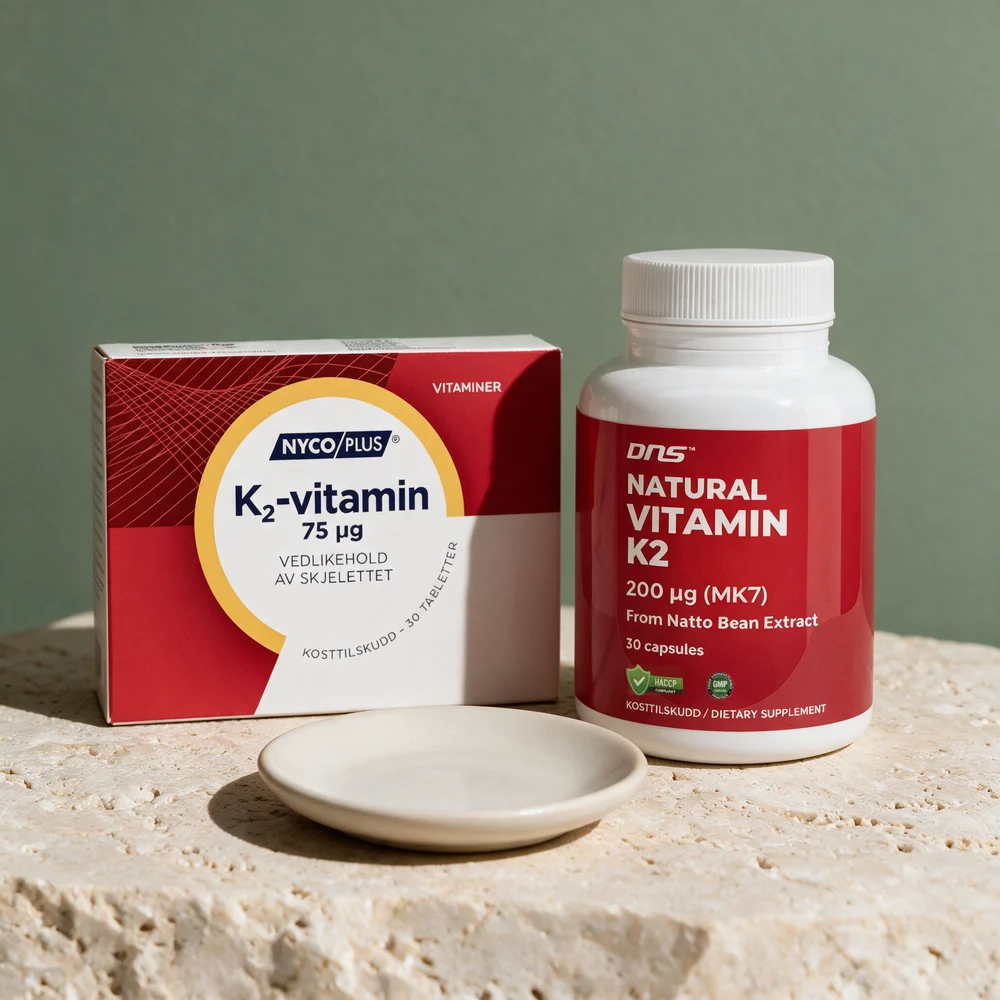 Nycoplus K2-vitamin i rød og hvit eske og DNS Natural Vitamin K2 i hvit boks med rød etikett