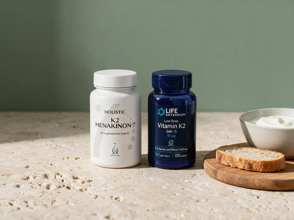 Holistic K2 i hvit boks og Life Extension Vitamin K2 i mørkeblå flaske