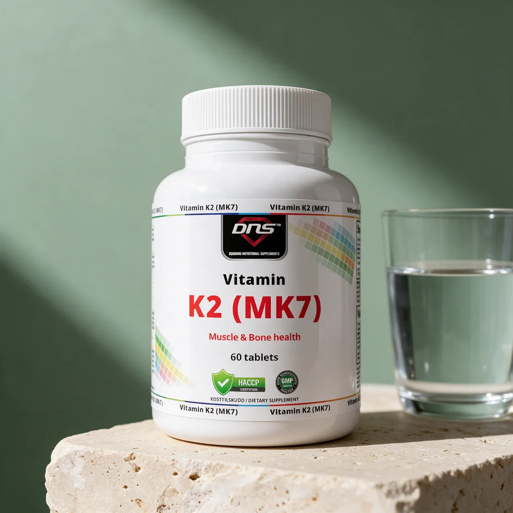DNS Vitamin K2 (MK7), boks med 60 tabletter, ved et glass vann