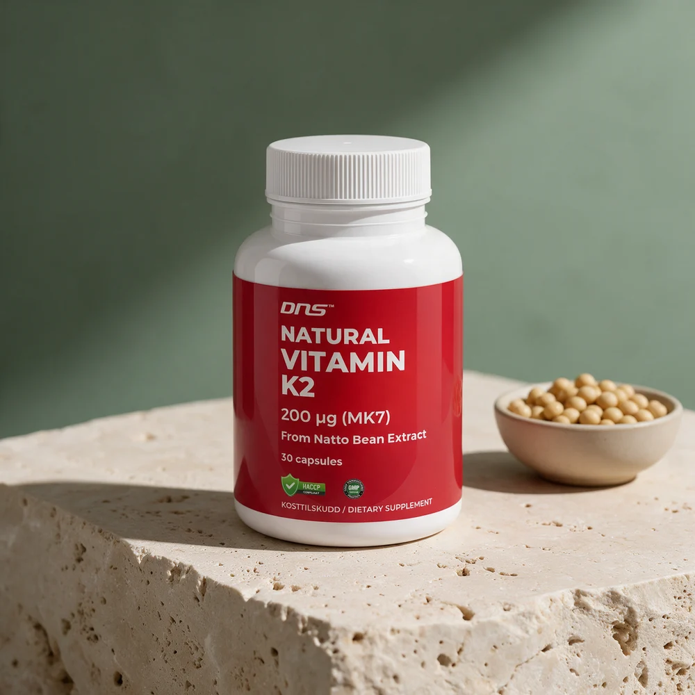 DNS Natural Vitamin K2, 200 µg MK-7 fra nattoekstrakt, ved en skål tørre soyabønner