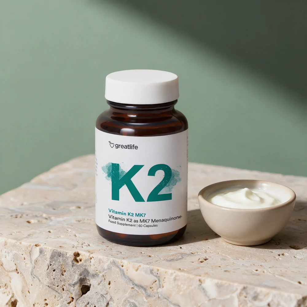 Greatlife Vitamin K2 MK7 i mørk glasskrukke ved en skål yoghurt