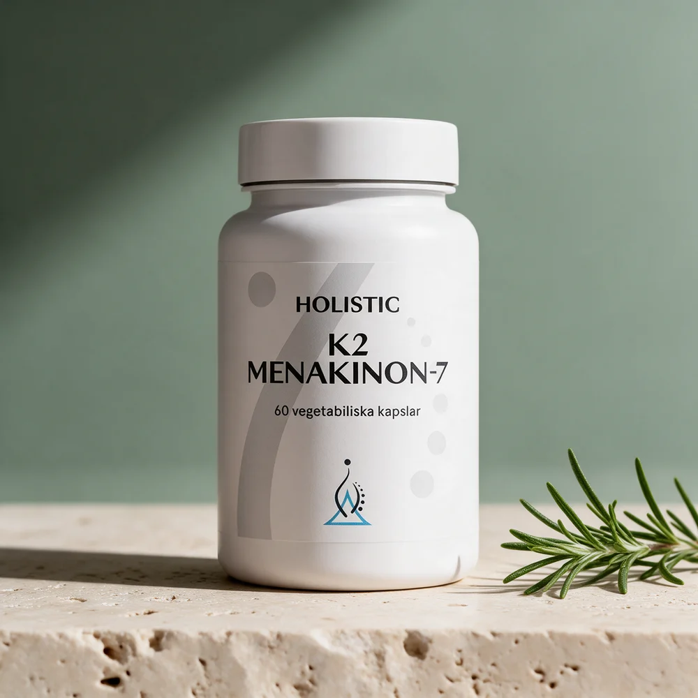 Holistic K2 Menakinon-7, boks med 60 vegetabilske kapsler, ved en rosmarinkvist