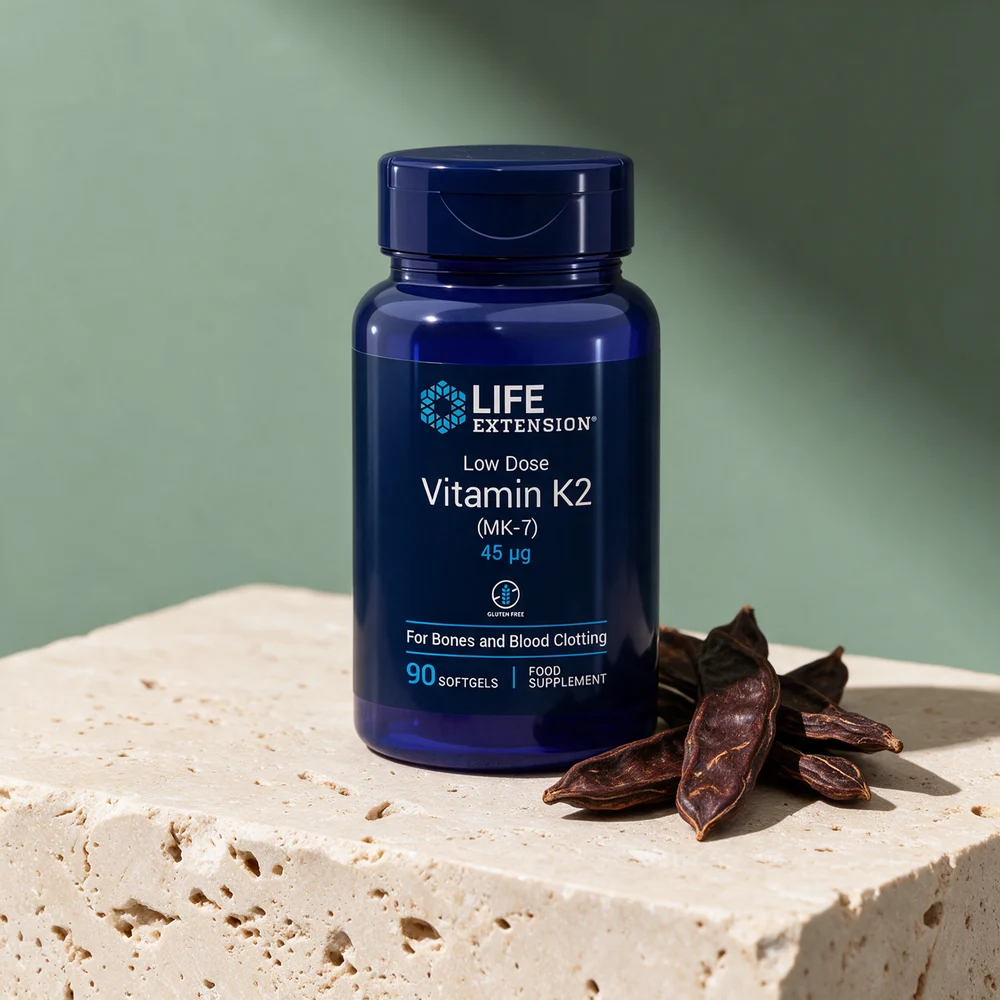 Life Extension Low Dose Vitamin K2 45 µg, flaske med 90 myke kapsler, ved johannesbrødbelger