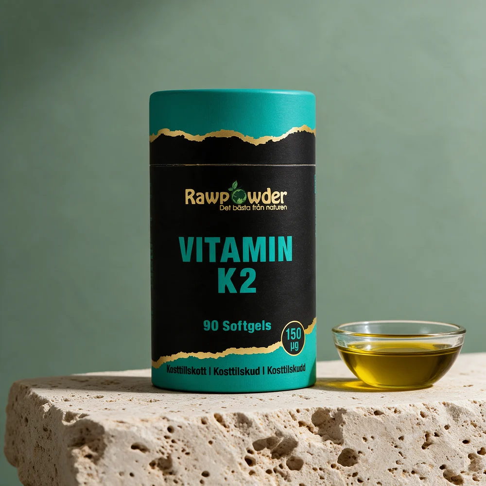 Rawpowder Vitamin K2, boks med 90 myke kapsler med 150 µg MK-7 i olivenolje