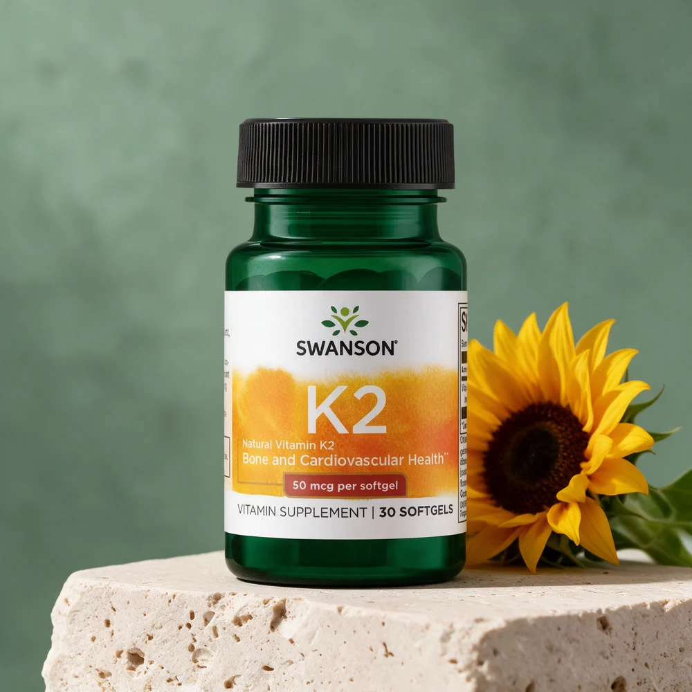 Swanson Vitamin K2, flaske med 30 myke kapsler med 50 µg MK-7, ved en solsikke