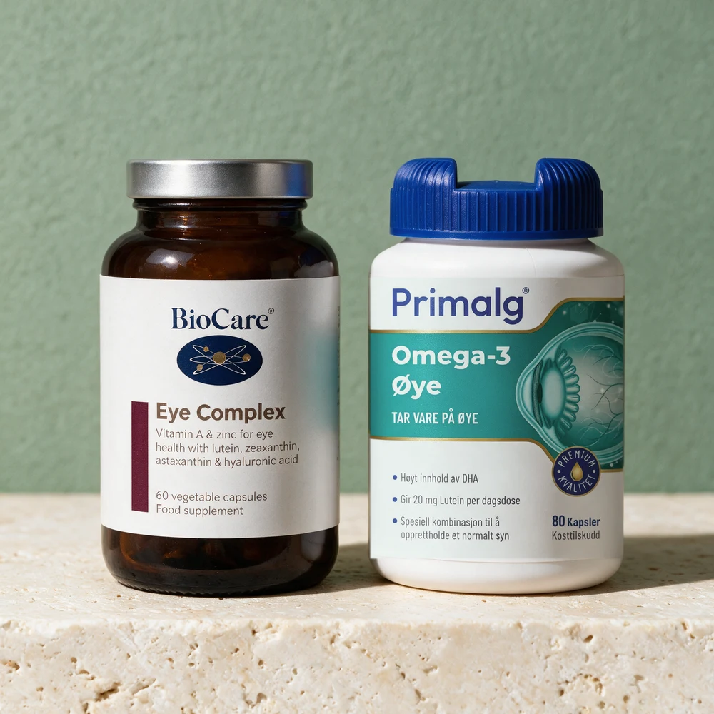 BioCare Eye Complex og Primalg Omega-3 Øye, en boks med plantekapsler og en med myke fiskeoljekapsler