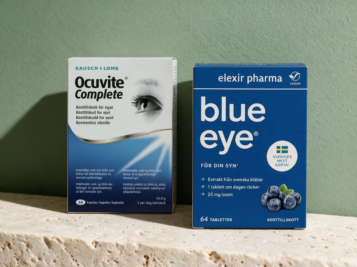 Ocuvite Complete og Elexir Pharma Blue Eye, to esker der dagsdosen har 15 mg sink