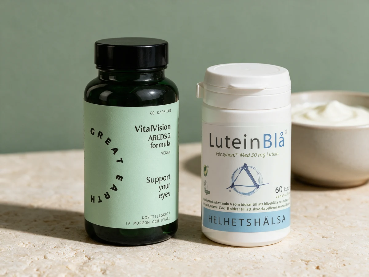 Great Earth VitalVision og Helhetshälsa LuteinBlå, to bokser med kapsler som kan åpnes