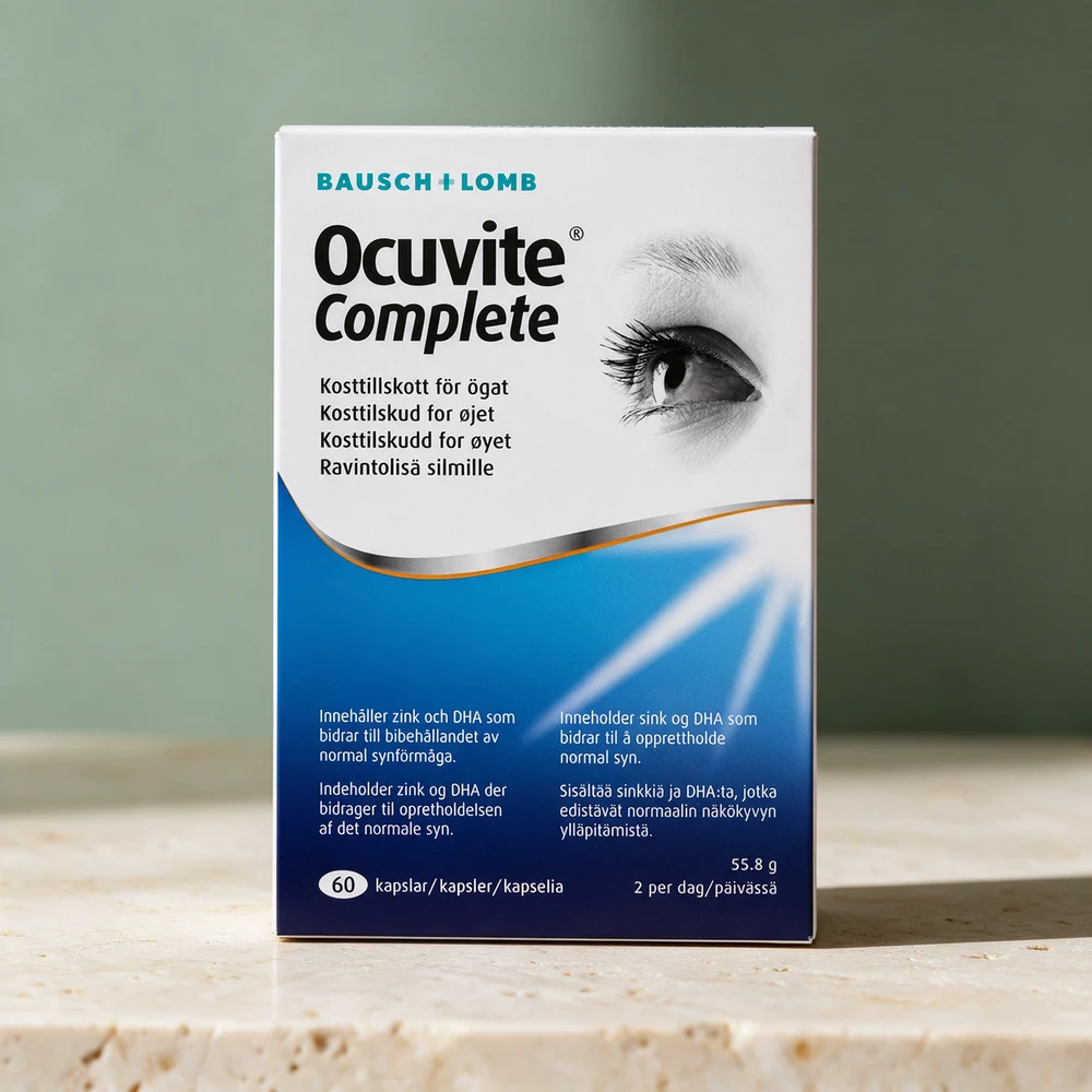 Ocuvite Complete, eske med 60 myke kapsler på brett