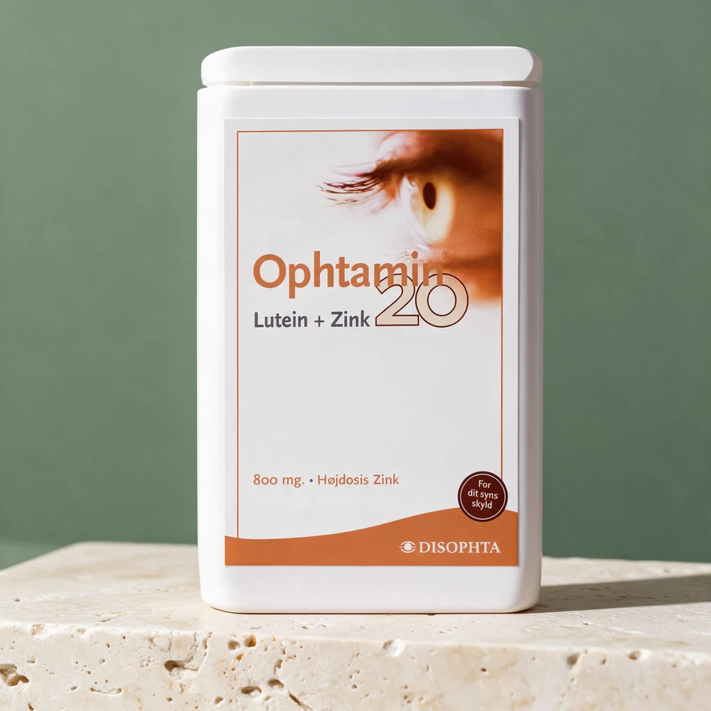 Ophtamin 20 Høydose Sink + Lutein, hvit boks med oransje etikett